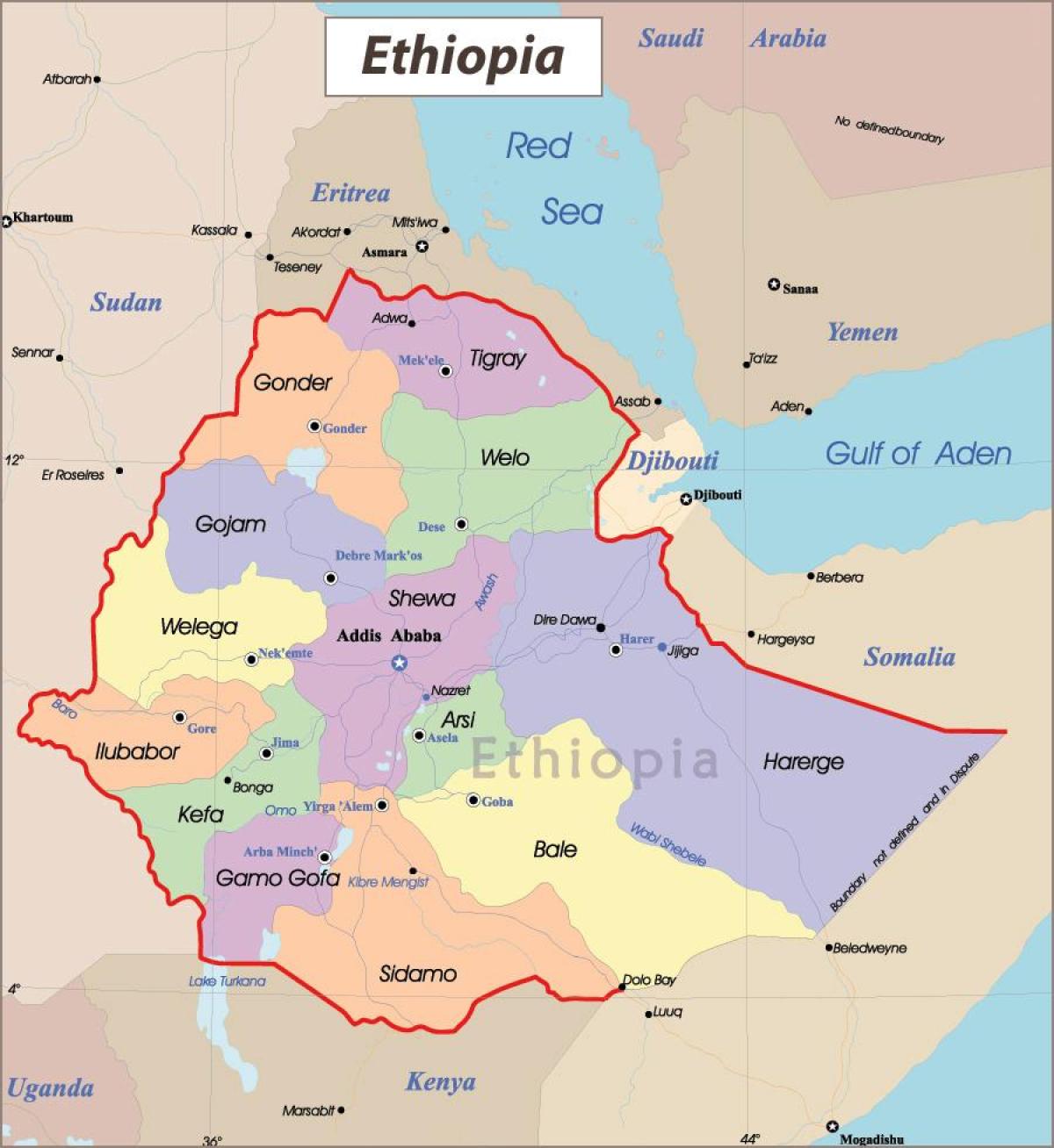 Etiopía mapa con las ciudades