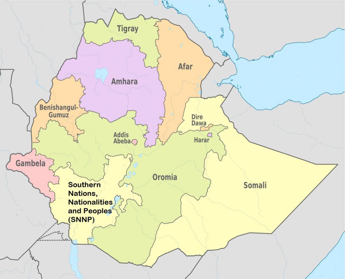 Etiopía estados de la región mapa