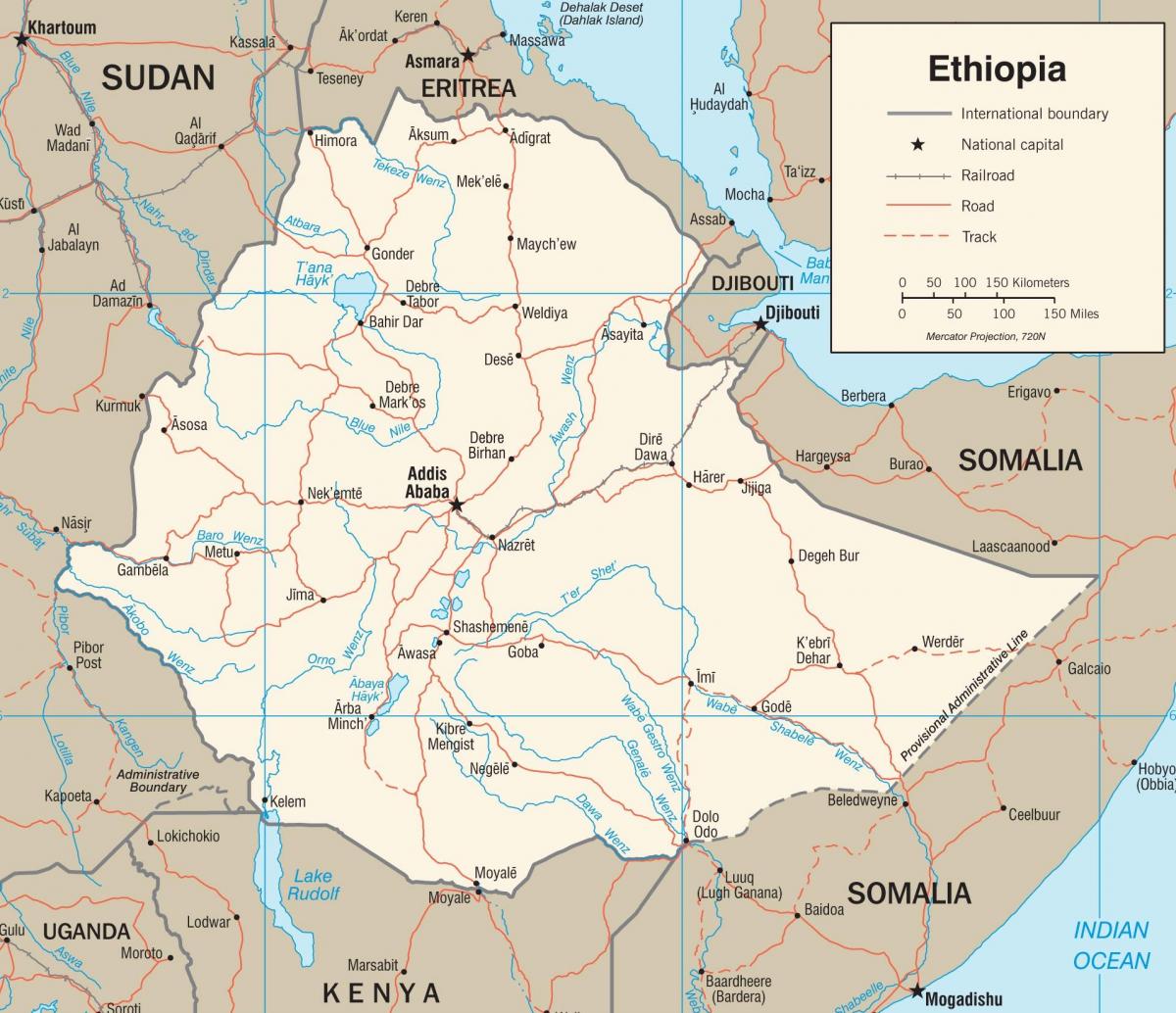 Etíope de la red vial mapa