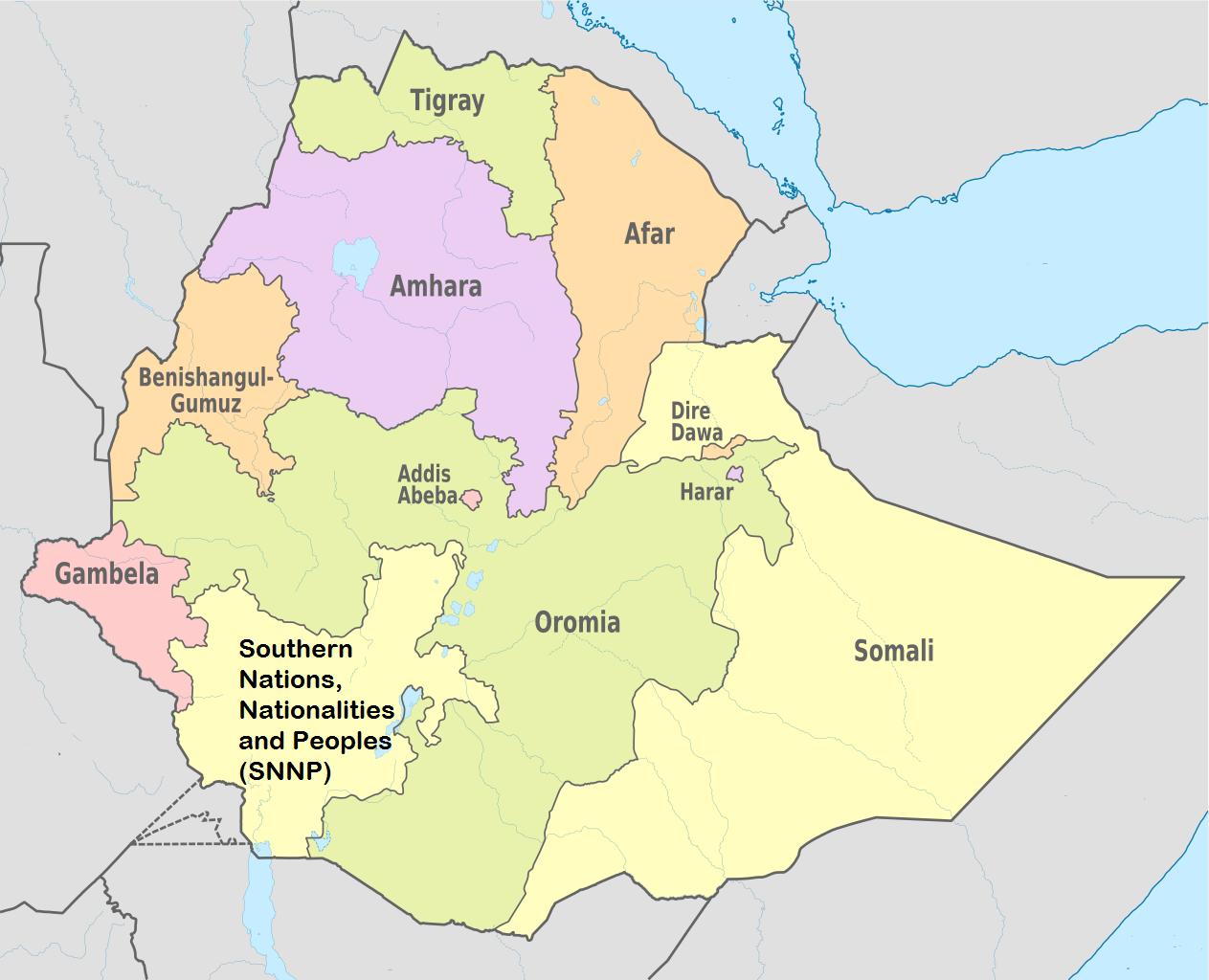 Etiopía estados mapa - Etíope mapa de los estados (África Oriental y África)
