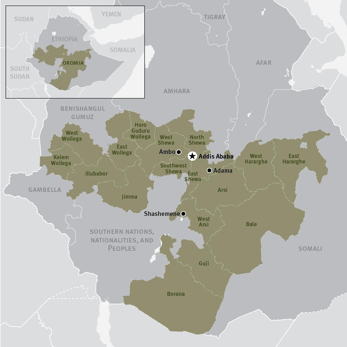 mapa de la región de oromia, en Etiopía
